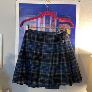 Pleated Plaid Blue Grey and Black J. Crew Double Buckle Wrap Skirt!!